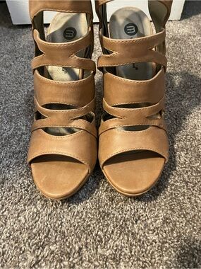 Michael Antonio Tan Multi-Strap Open-Toe Heels